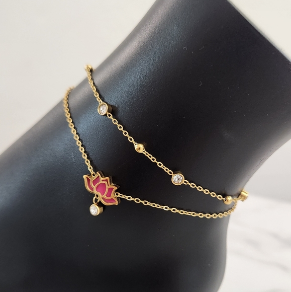 Pink Lotus Stainless Steel Double Circle Anklet With Crystal Accents - Picture 5 of 14